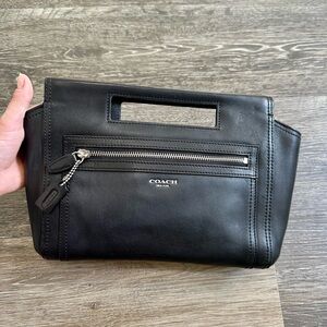 COACH New York Black Leather Cutout Silver Handle Clutch Bag Front Zip Pocket